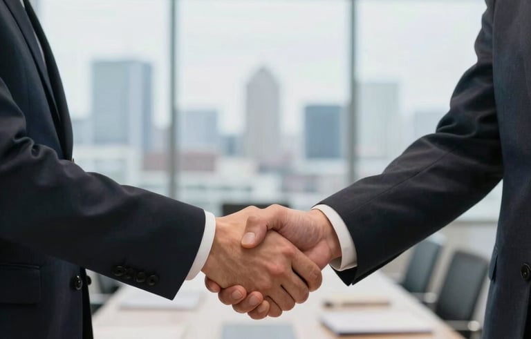 A close-up of professional business partners in Central European attire shaking hands in a bright, modern corporate boardroom. In the background, a blurred view of a city skyline is visible. The composition is clean and focused on the interaction, emphasizing trust and collaboration.