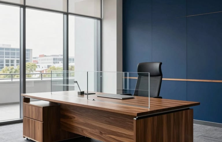 A high-end modern office interior in Cologne, Germany, featuring a polished wooden desk and sophisticated glass partitions. Natural light filters through large windows, creating a bright and professional atmosphere. The scene conveys stability and expertise with a color palette of navy blue and off-white.