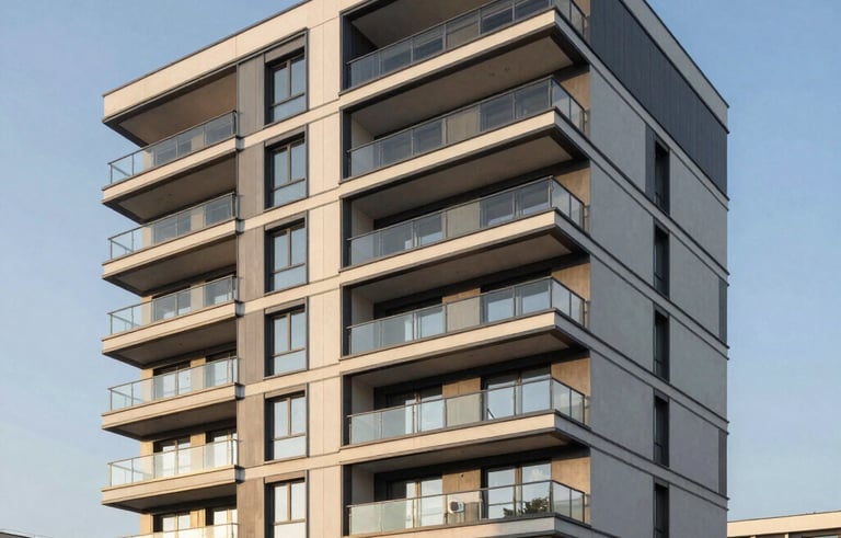 An architectural photograph of a modern residential development in a Central European urban setting. The building features clean lines, glass balconies, and elegant facade details under a clear sky. The lighting is warm morning sun, highlighting the sophisticated and modern aesthetic.