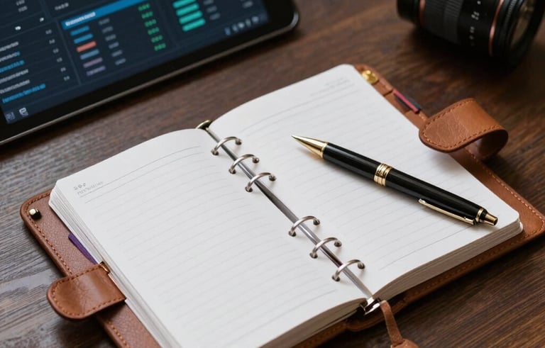A high-angle shot of a leather-bound planner and a luxury pen on a dark wood table in a Southern European professional setting. In the background, a tablet displays a sophisticated data interface. The composition is clean and modern, emphasizing reliability and professional standards.