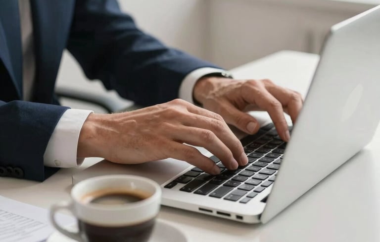 Close-up of a professional Southern European person's hands using a sleek silver laptop in a minimalist office. An espresso cup sits on the desk next to some neatly stacked documents. The lighting is soft and professional, conveying efficiency and precision. Colors include dark blue and off-white.