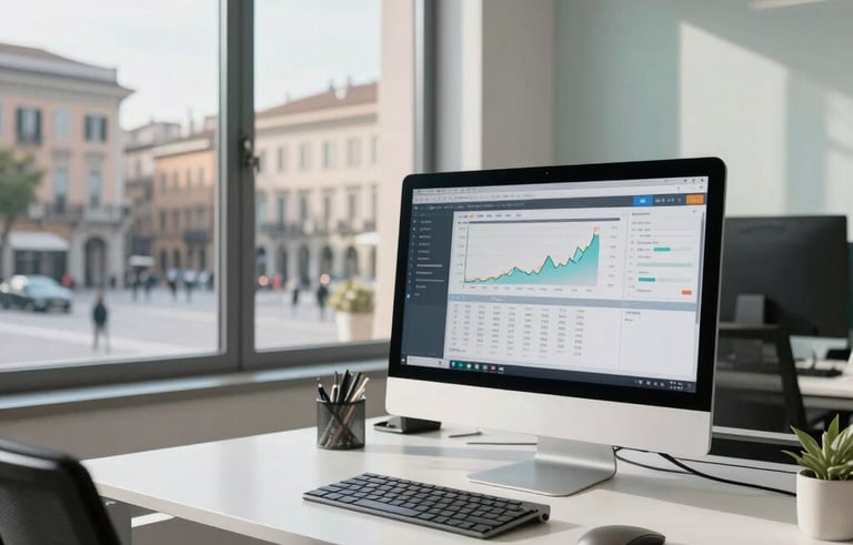 A bright, modern Italian office interior with large windows. A professional workspace featuring a clean white desk, a high-end computer monitor showing financial software, and a view of a Southern European city square in the background. Natural morning light, professional and trustworthy atmosphere with muted blue and light sage accents.