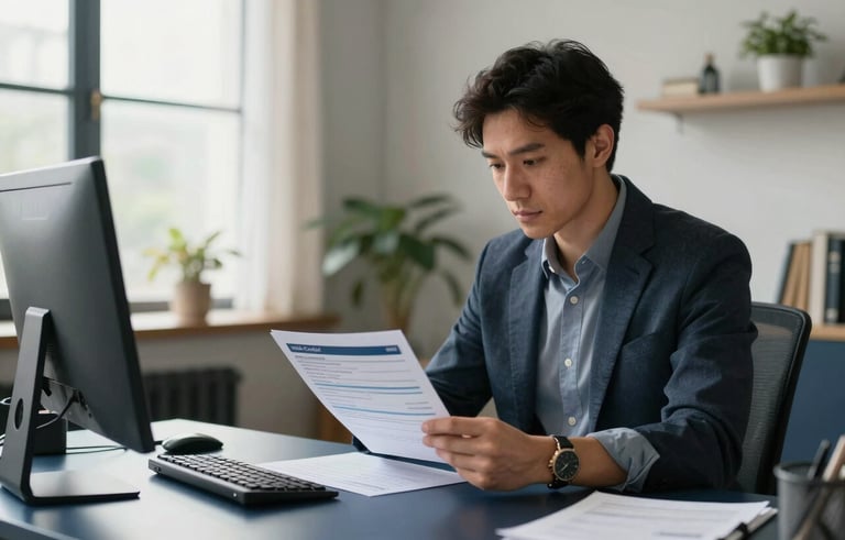 A focused individual in a bright, modern North American home office reviewing a credit report. The setting is professional yet accessible with soft natural lighting and dark blue desk accessories.