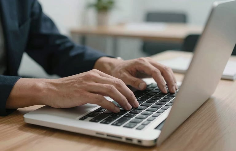 Close-up of hands typing on a high-end laptop in a clean, contemporary North American office space. The lighting is crisp and professional, suggesting trust and serious research.