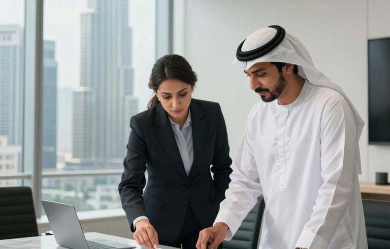 A clean, minimalist photograph of a corporate boardroom in a modern skyscraper in Dubai. Two professionals in elegant business attire are reviewing high-end product samples on a marble table. Sophisticated natural light, Middle Eastern / Gulf business setting.