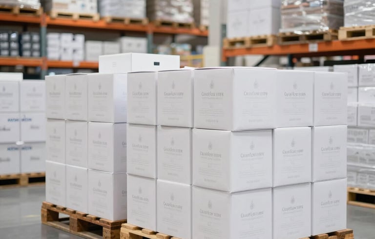 A high-end, brightly lit interior of a modern, organized wholesale warehouse in a Middle Eastern / Gulf industrial zone. Neatly stacked pallets of boxed premium goods are shown with a shallow depth of field. Clean, white, and professional atmosphere.