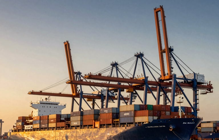 A professional wide-angle photograph of the Jebel Ali port in Dubai during the golden hour, featuring massive container ships and high-tech cranes against a navy blue and gold sky. The composition is modern and industrial, representing Middle Eastern / Gulf logistics excellence.