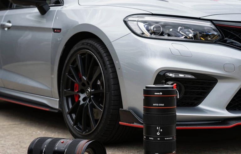 A detailed shot of professional mobile car detailing equipment alongside a gleaming silver performance car in a Brisbane residential driveway, high energy and premium feel.