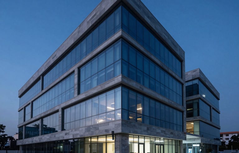 An wide-angle architectural shot of a minimalist, high-tech research center in an Indian urban setting. The scene features deep blue lighting and polished stone surfaces, evoking a sense of premium expert strategy.
