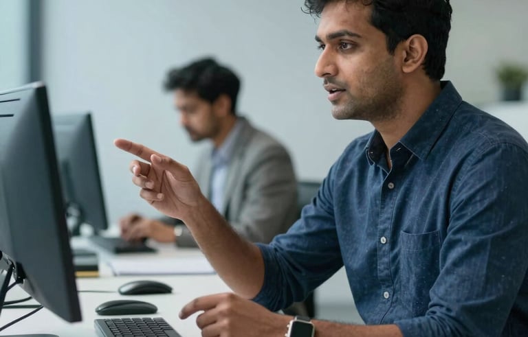 A professional setting showing a South Asian expert gesturing toward a clean, organized office environment where technology and collaboration meet. Soft light blue and dark blue palette.
