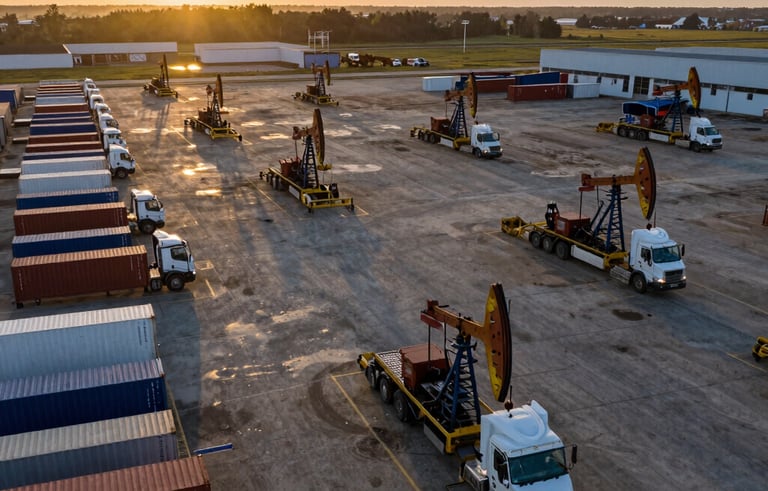 An aerial wide-shot of a well-organized oil field logistics hub with industrial transport trucks and shipping containers, sunset lighting casting long shadows, gold and navy blue color palette, International / Global.