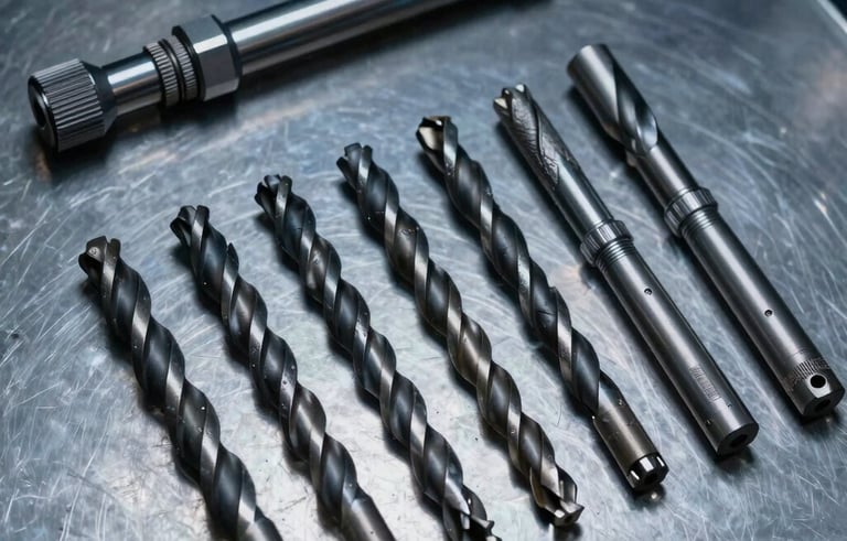 A clean, high-angle studio shot of heavy-duty industrial drill bits and precision-engineered oilfield tools, arranged neatly on a metallic surface, cool professional lighting with steel blue and dark navy tones, International / Global.