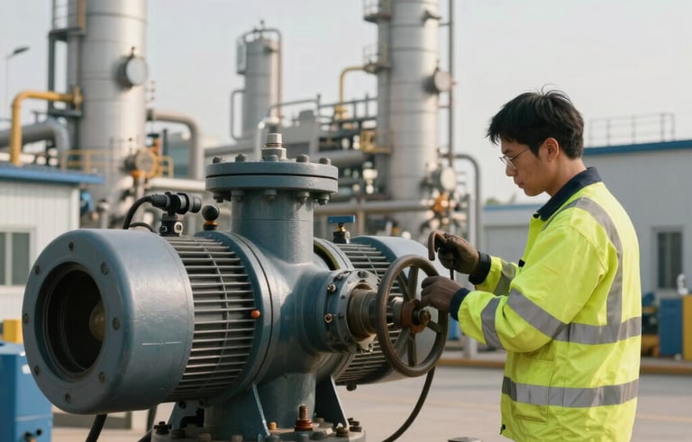 A sharp, clear photograph of an industrial technician in high-visibility professional gear performing maintenance on a large hydraulic pump system, soft natural daylight, modern refinery setting, International / Global.