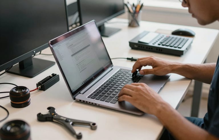 A clean and professional South American Brazilian computer repair station with specialized tools and a disassembled laptop on a light-colored desk, soft morning light, focused on efficiency and technical precision.