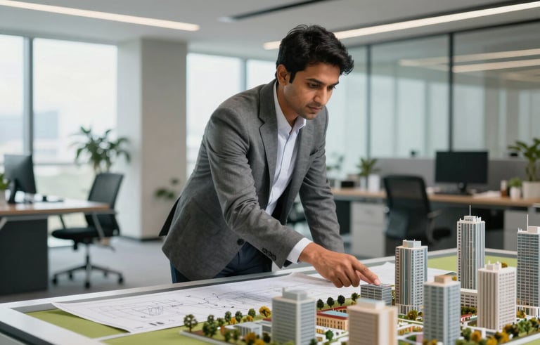 A sophisticated South Asian professional consultant in a modern office setting, pointing to a scale model of an urban development. The scene includes blueprints, sleek office decor, and bright natural light. Trustworthy and professional mood.