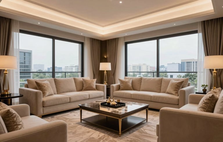 High-definition interior photography of a luxury residential living room in Noida, featuring contemporary South Asian decor, elegant beige furniture, large windows with a city view, and warm ambient lighting. Professional and clean composition.