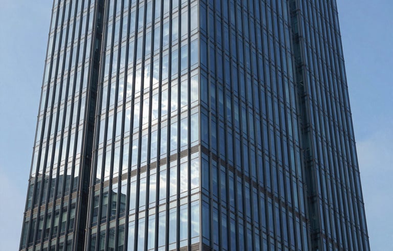 Exterior architectural shot of a modern glass-facade commercial skyscraper in Noida's business district. Blue sky reflected in the windows, clean lines, and high-end urban environment. Realistic, high-definition photography.