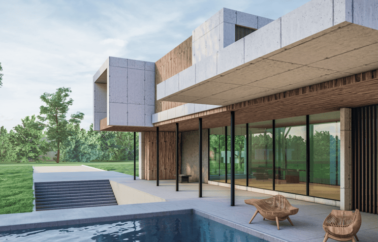 a house with a pool and a lounge chair