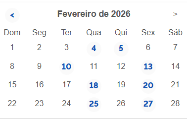 Figura com o calendário de fevereiro/2026