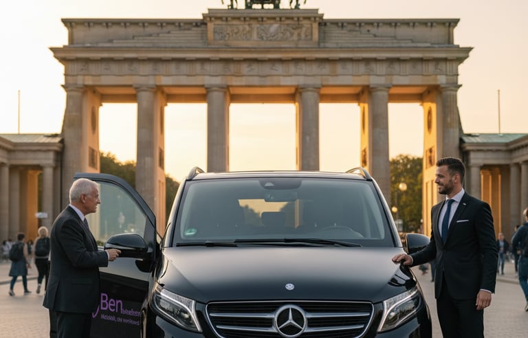 Persönlicher Chauffeurservice Berlin: Schwarze Mercedes V-Klasse mit dem Kunden am Brandenburger Tor