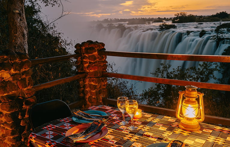 Outdoor Zambian dinner setup under the stars overlooking Victoria Falls