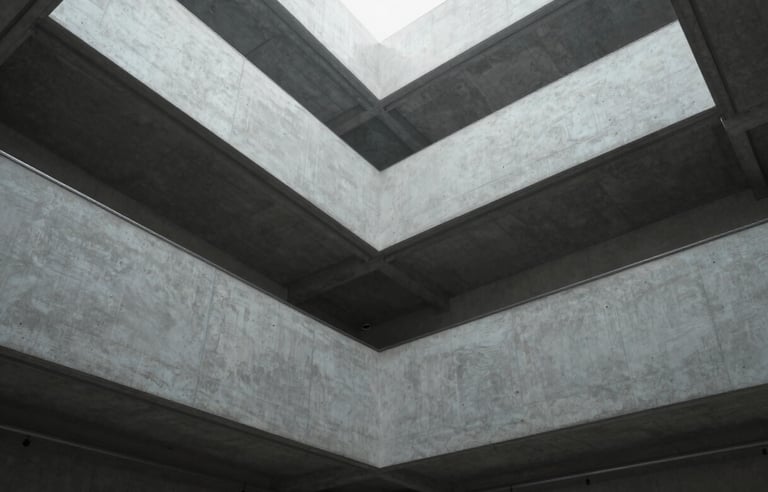 Wide angle architectural perspective looking upward at a minimalist concrete and steel atrium, clean geometric shadows, diffused cool neutral light