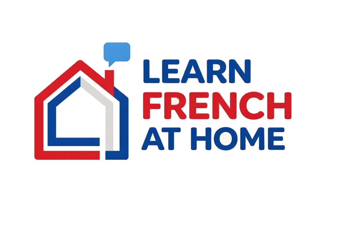 Learn French at Home logo featuring a house outline in red, white, and blue with a speech bubble.