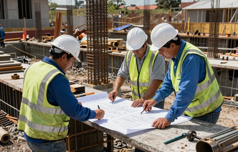 Fotograf3a de gran angular de una obra de construcci3n en Am3rica Latina durante la fase de cimentaci3n. Ingenieros profesionales con chalecos de seguridad revisan planos arquitect3nicos sobre una mesa de trabajo. Estructuras de refuerzo de acero sobresalen de zanjas profundas bajo una luz solar brillante. Los colores de la paleta, azul claro y blanco roto, se reflejan en el equipo y los materiales.