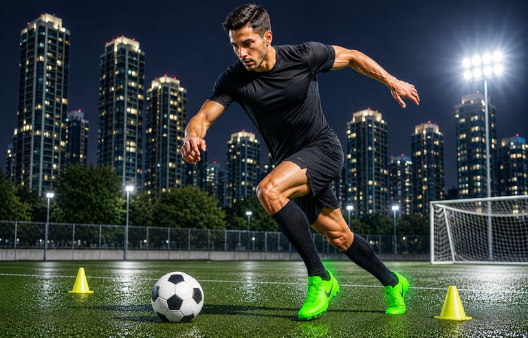 Futbolista realizando ejercicio de agilidad y control de balón.