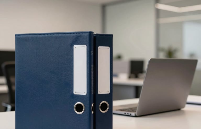 Interior of a modern, clean accounting office in a Spanish / Latin American city. A desk with navy blue leather folders and a professional laptop is illuminated by soft light.