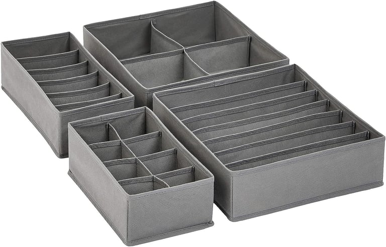 a set of six grey storage boxes with six compartments