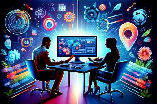 two people sitting at a desk with a computer screen