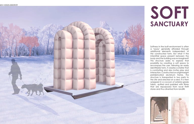 a person walking in a snow covered field with a warming hut behind them