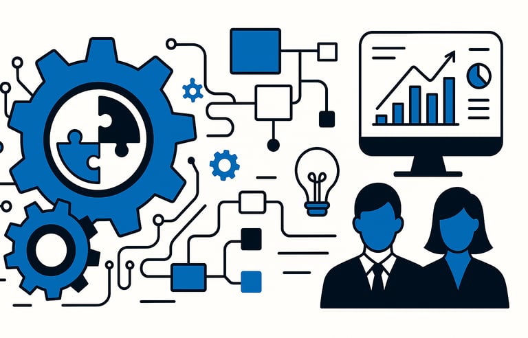 engrenagens trabalhando e um homem de negócios ao lado