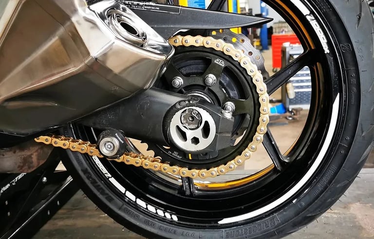 Image of a motorbike rear sprocket and tyre