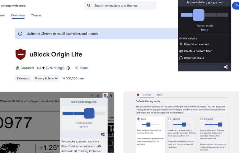 uBlock Origin Lite extension page on Chrome Web Store showing ad blocker features and settings.