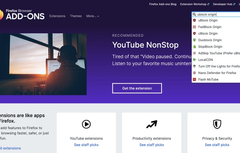 Firefox Browser Add-ons store homepage showcasing YouTube NonStop extension and various browser tools.