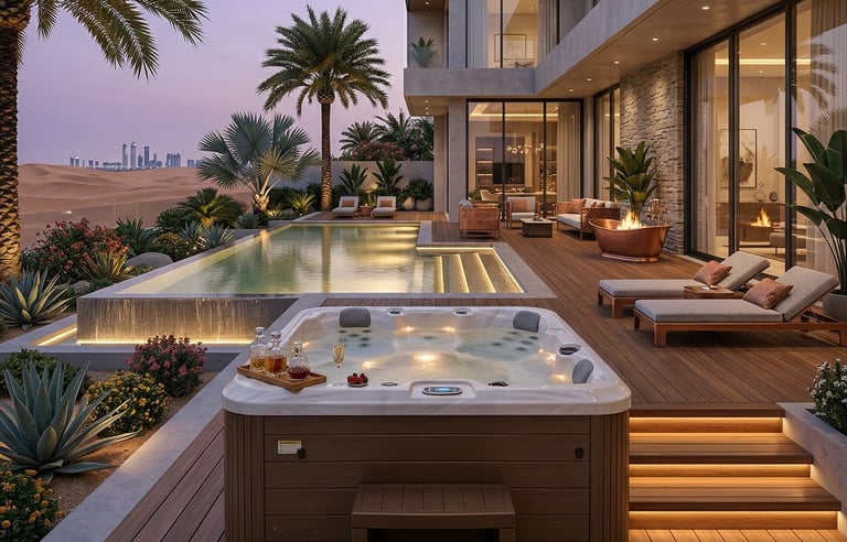 Luxury modern villa patio featuring a hot tub, infinity pool, and desert skyline views at sunset.