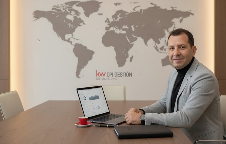 Igor Blanco en sala de reuniones; mapa de América y Europa; laptop abierta, espresso y pluma.