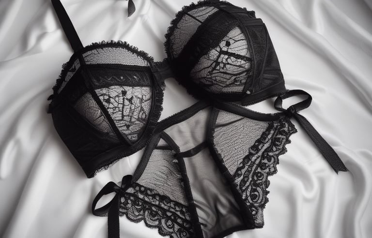 Delicate lace lingerie displayed on a white and light pink striped surface.