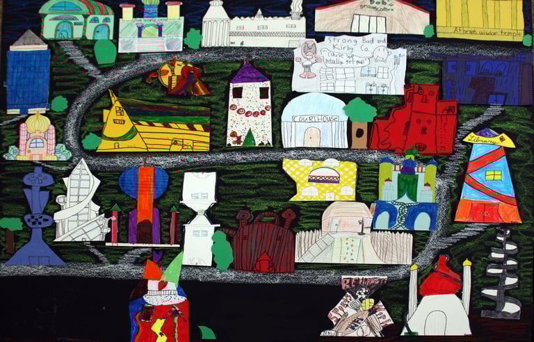 collage of buildings using cut paper