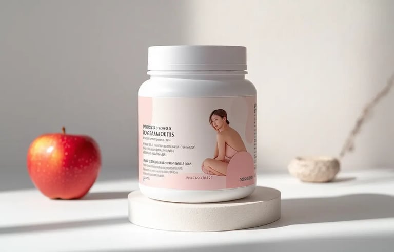 présentation d'un complément alimentaires sous la forme d'une boite en plastic coté d' une pomme.