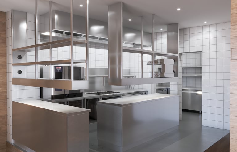 Modélisation 3D d'une cuisine professionnelle sur mesure.