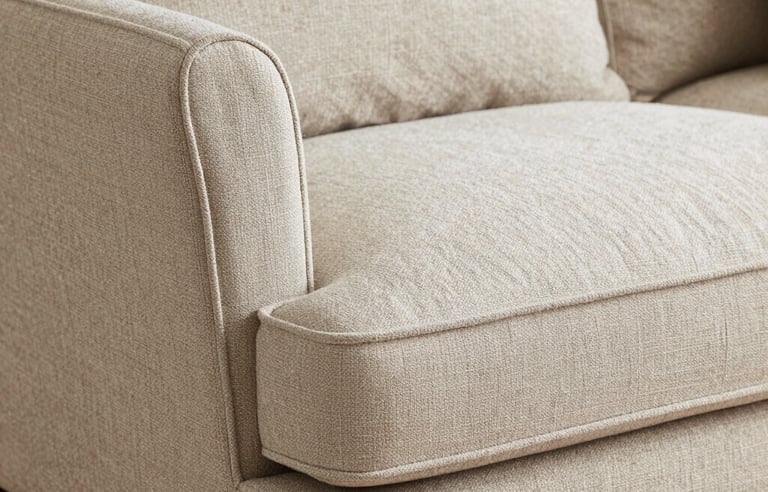 Cozy living room corner with a plush sofa and warm lighting.