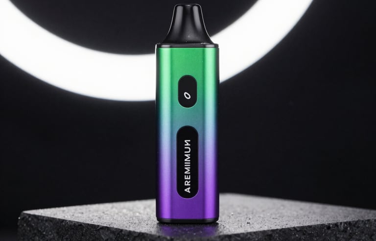 A premium close-up of a premium vape pod kit with glowing vape green and electric purple accents, sitting on an obsidian stone block under a modern neon spotlight, Middle Eastern / Dubai Gulf Region, luxury product photography.