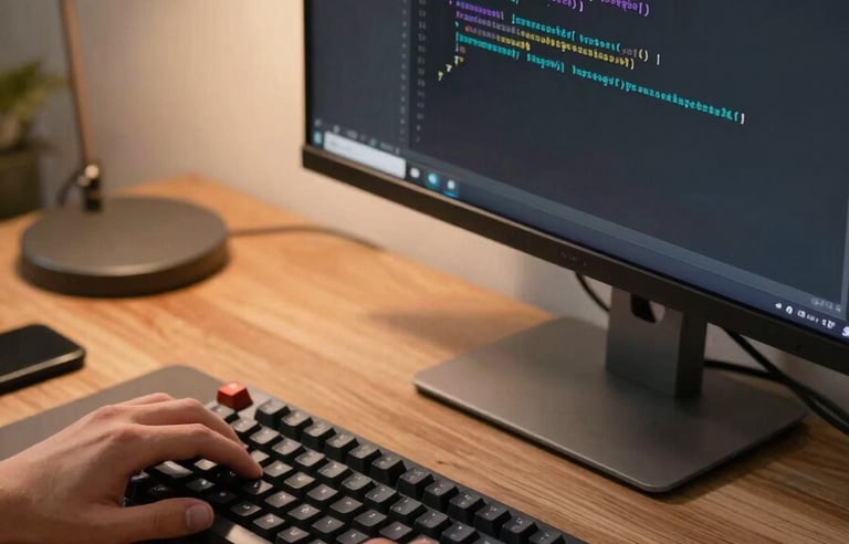 Close-up of a student's hands on a mechanical keyboard, VS Code open on a wide monitor displaying a React component with real data, desk lamp casting warm light, another developer's arm visible at the edge reviewing the same screen