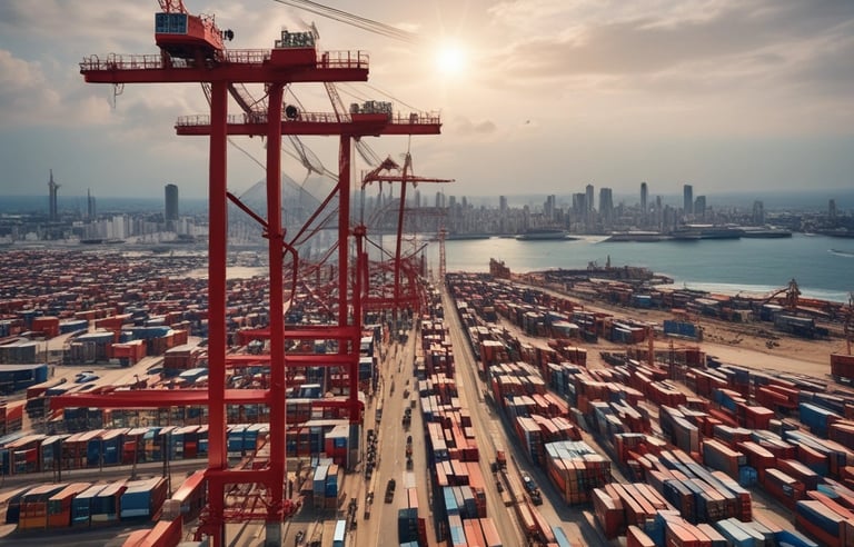Modern office workspace with international trade documents and a laptop.