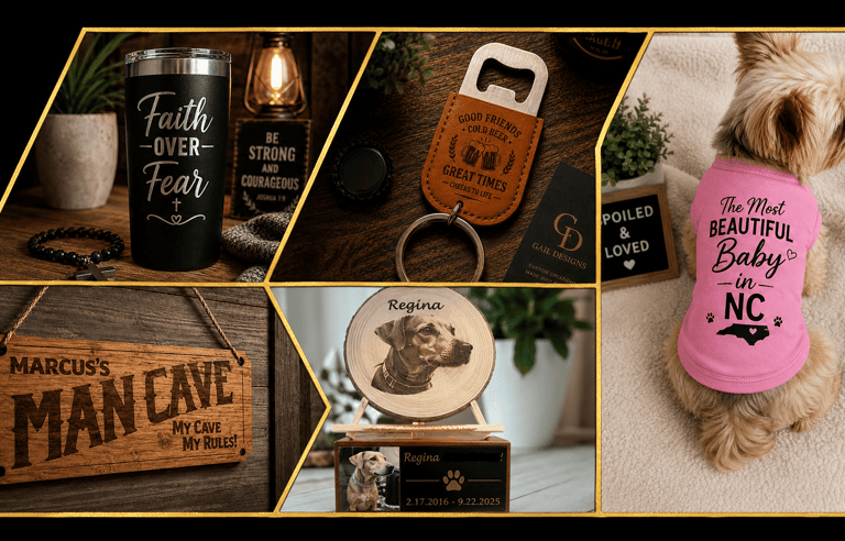 Custom engraved gifts including a personalized dog shirt, leather keychain, and wood man cave sign.