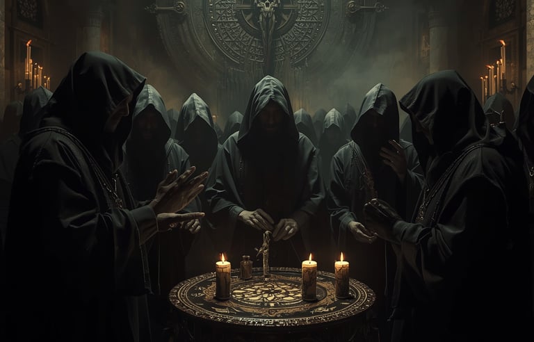 Hooded figures in black robes perform a dark ritual around a candlelit altar in a gothic temple.