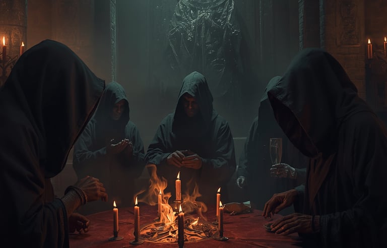 Hooded figures in dark robes perform a candlelit ritual around a pentagram table in a gothic temple.